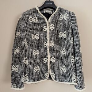 RENA LANGE Black & Off-white Bow Tie Tweed Vintage Blazer Jacket Women's Size 14
